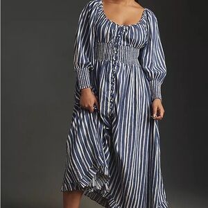 Anthropologie Navy and White Striped Long Sleeve Dress
